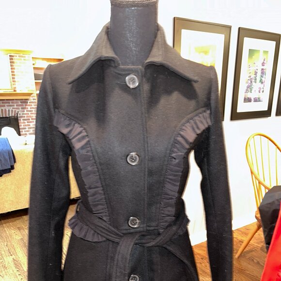 Sunner Black Wool Ladies Coat, Size Small, Italian, Wrap, Tiny Waist Ruffle - Picture 1 of 9